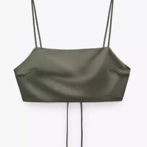 Zara khaki olive green linen blend boho festival open back strappy crop top NWT